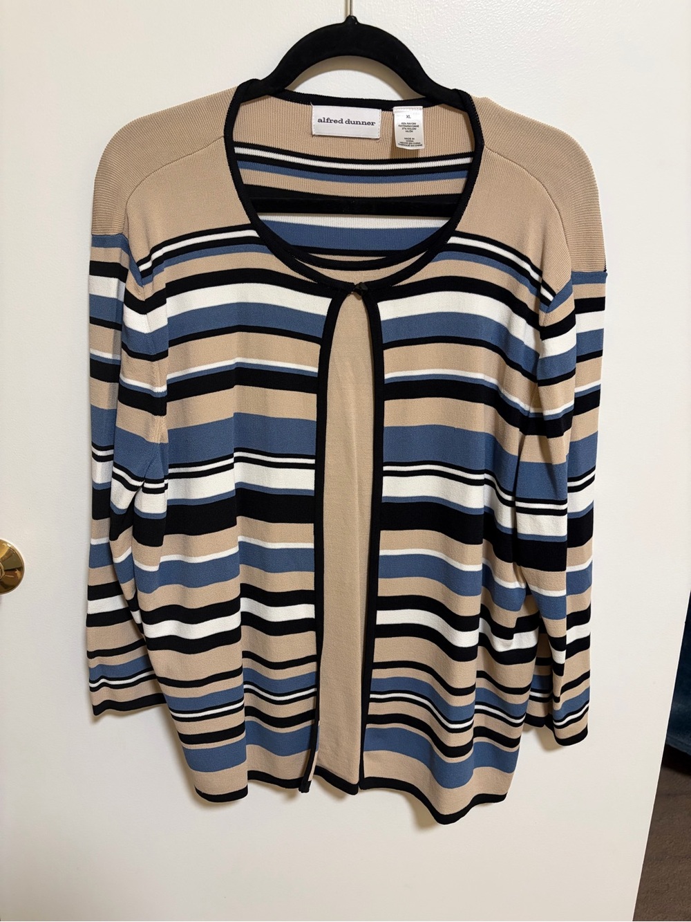 Alfred Dunner Striped Open-Front Cardigan in Beige, Blue, Black, White